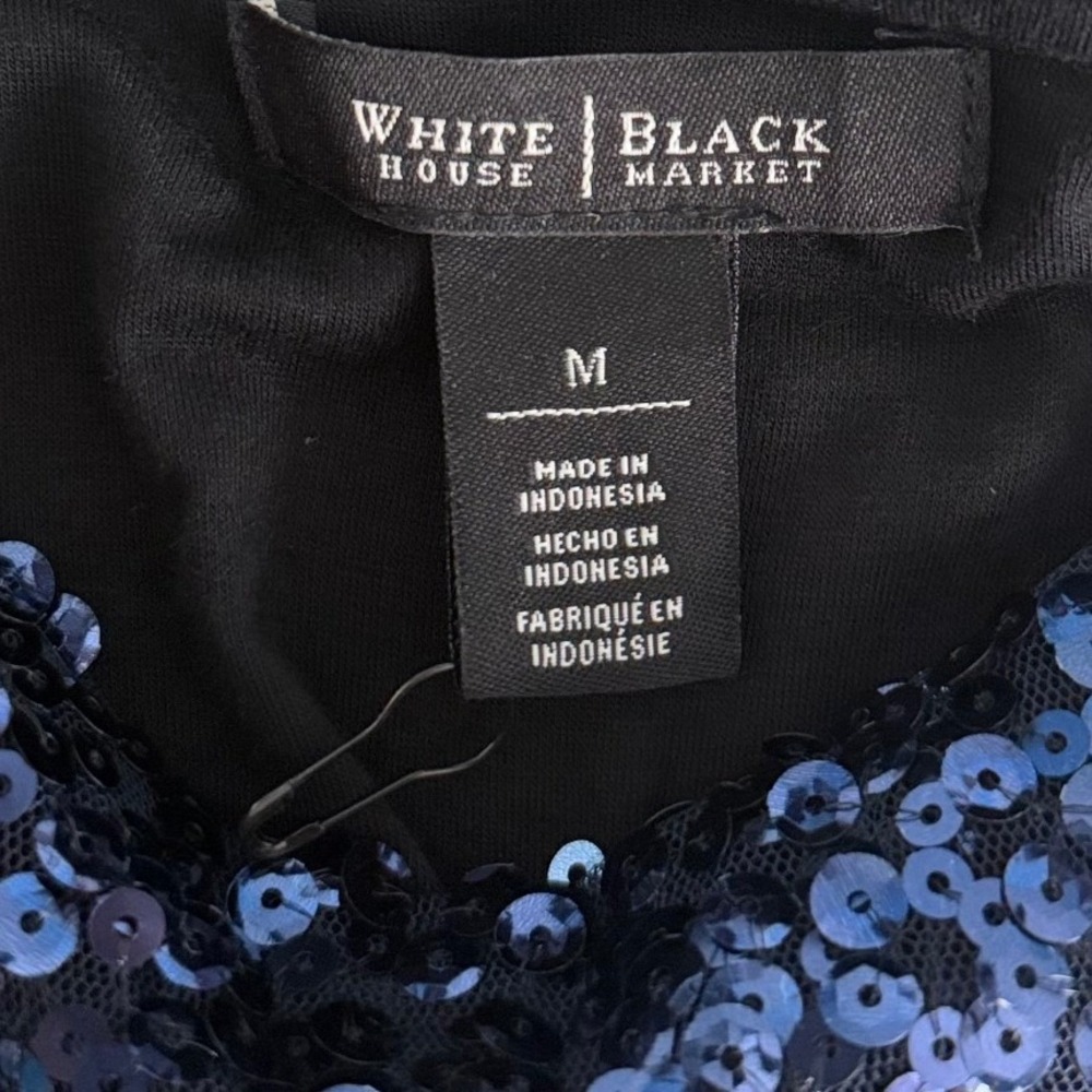 White House Black Market Glam Navy Blue Sequin Short Sleeve Blouse Top Medium - Picture 5 of 9